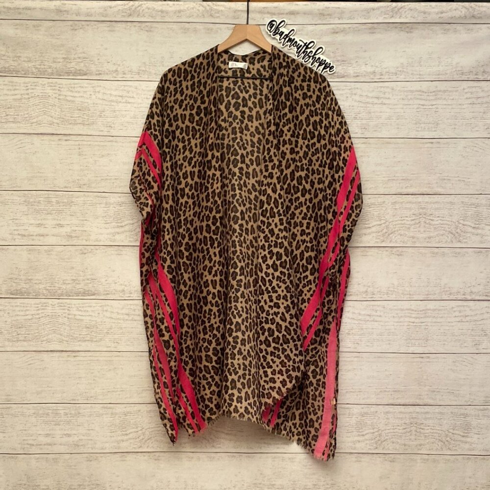 *Prep Obsessed Leopard Print & Hot Pink Open Front Kimono Top or Cover Up